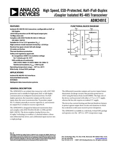 Analog Devices ADM2491E Isolated RS‑485 Transceiver Datasheet