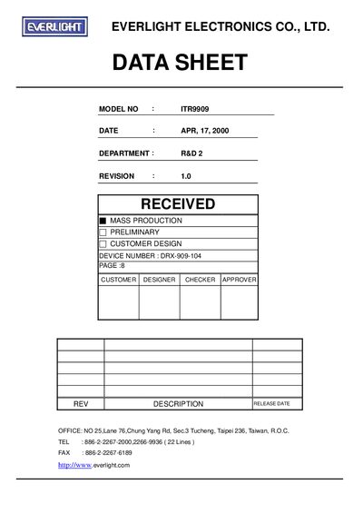 Everlight ITR9909 Reflective Interrupter Datasheet - cover page