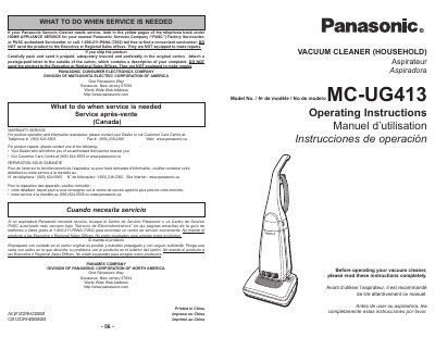 Panasonic MC-UG413 Vacuum Cleaner Operating Instructions - cover page