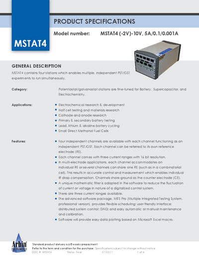 Arbin MSTAT4 Potentiostat/Galvanostat Station Product Leaflet - cover page