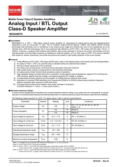 ROHM BD5426EFS Class-D Speaker Amplifier Technical Note - cover page