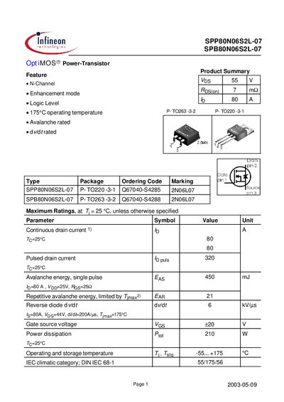 Infineon SPP80N06S2L-07 / SPB80N06S2L-07 Power Transistor Datasheet - cover page