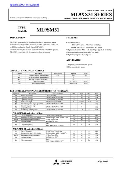 Mitsubishi ML9XX31 Series InGaAsP DFB Laser Diode Datasheet - cover page