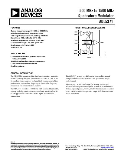 Analog Devices ADL5371 Quadrature Modulator Datasheet - cover page