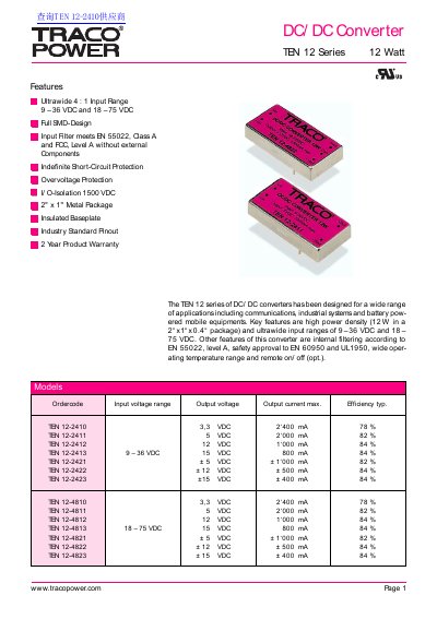 Traco Power TEN 12 DC/DC Converter Datasheet - cover page