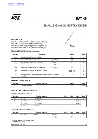 STMicroelectronics BAT 49 Schottky Diode Datasheet - cover page