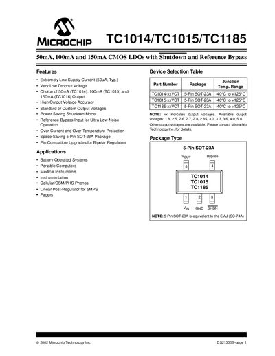 Microchip TC1014/TC1015/TC1185 Datasheet - cover page