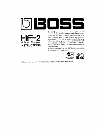 BOSS HF-2 Hi Band Flanger Instructions - cover page