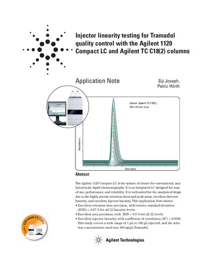 Agilent Injector linearity testing for Tramadol quality control with the Agilent 1120 Compact LC Agilent TC C18(2) columns Application Note - cover page