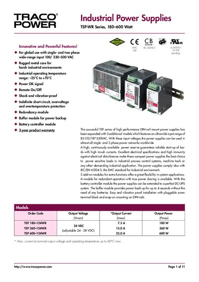 TracoPower TSP-WR Series 180-600W Service Manual - cover page