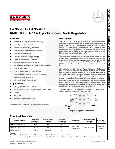 Fairchild FAN53601/11 6MHz Synchronous Buck Regulator Datasheet - cover page