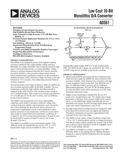 Analog Devices AD561 Low Cost 10-Bit Monolithic D/A Converter Handbook - cover page