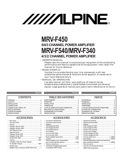 Alpine MRV-F450 / MRV-F540 / MRV-F340 Power Amplifier Owner's Manual - cover page