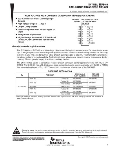 Texas Instruments SN75468/SN75469 Darlington Transistor Array Datasheet - cover page