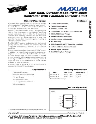 Maxim Integrated MAX1954A Current‑Mode PWM Buck Controller Datasheet - cover page