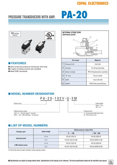 Copal PA-20 Pressure Transducer Datasheet - cover page