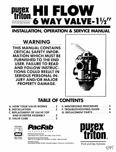 Purex Triton HI FLOW 6 Way Valve Installation, Operation & Service Manual - cover page
