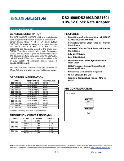 Maxim DS21600/DS21602/DS21604 Clock Rate Adapter Manual - cover page