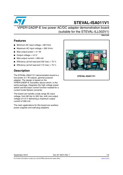 STMicroelectronics STEVAL-ISA011V1 Demonstration Board Data Brief