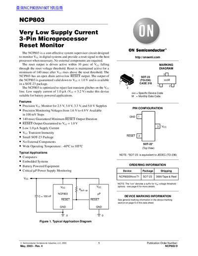 ON Semiconductor NCP803 Very Low Supply Current 3‑Pin Microprocessor Reset Monitor Datasheet - cover page