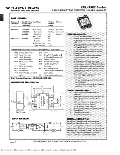 Teledyne Relays SSR/SSRT Series Industrial Solid State Products Datasheet - cover page