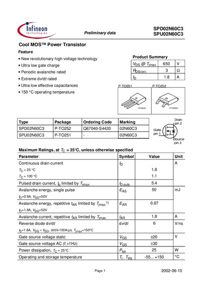 INFINEON SPD02N60C3 SPU02N60C3 handbook - cover page