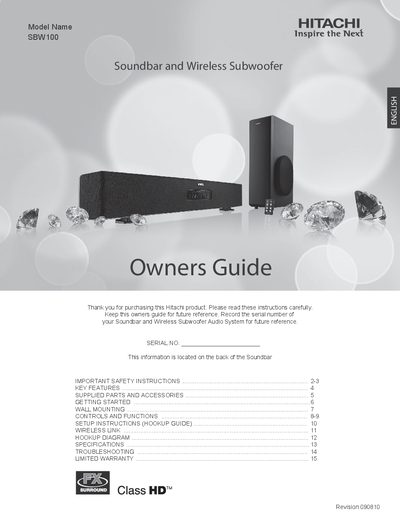 Hitachi SBW100 Soundbar and Wireless Subwoofer Owner's Guide - cover page