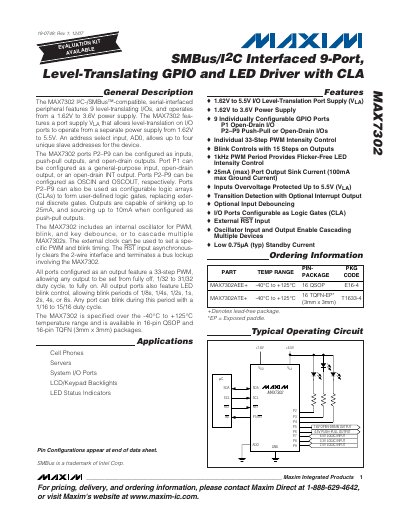 Maxim MAX7302 I2C/SMBus 9‑Port GPIO and LED Driver Datasheet - cover page