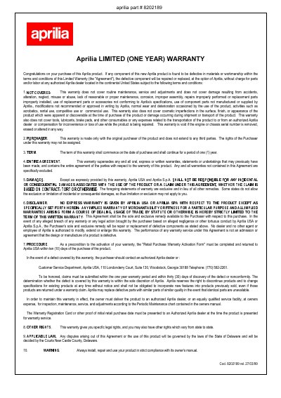 Aprilia Part #8202189 Limited Warranty Sheet - cover page