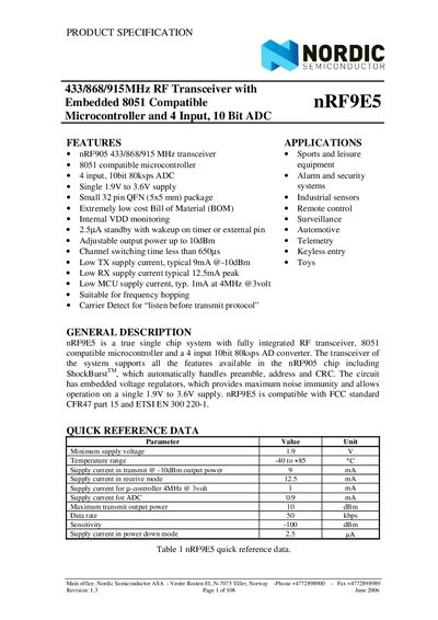 NORDIC SEMICONDUCTOR nRF9E5 433/868/915MHz RF Transceiver with Embedded 8051 Compatible Microcontroller 4 Input 10 Bit ADC - cover page