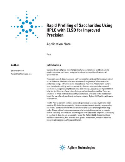 Rapid Profiling of Saccharides Using HPLC with ELSD Application Note - cover page