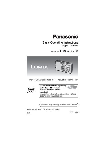 Panasonic DMC-FX700 Digital Camera Basic Operating Instructions Manual
