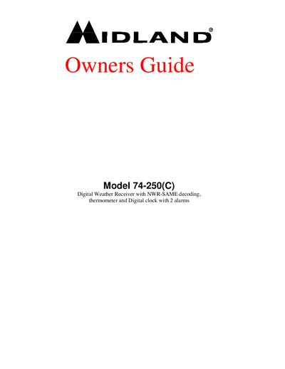 Midland 74-250 Digital Weather Receiver Owners Guide - cover page