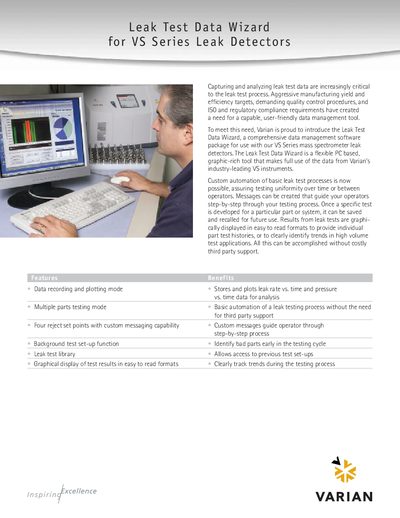 Varian Leak Test Data Wizard for VS Series Leak Detectors Product Leaflet - cover page