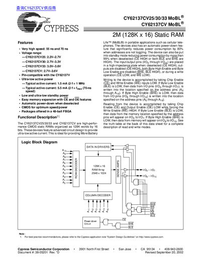 CYPRESS CY62137CV25/30/33 MoBL CY62137CV MoBL handbook - cover page
