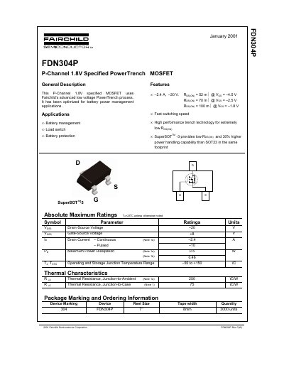 Fairchild FDN304P P-Channel MOSFET Datasheet