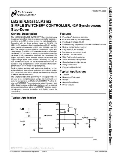 National Semiconductor LM3151/LM3152/LM3153 Simple Switcher 42V Synchronous Step‑Down Datasheet - cover page