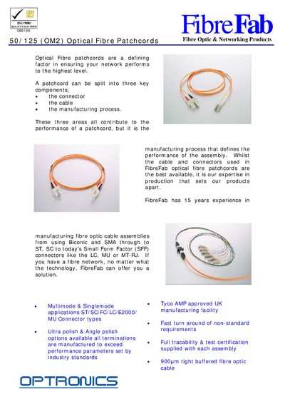 FibreFab 50/125 (OM2) Optical Fibre Patchcords Datasheet - cover page