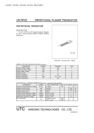 UTC TIP127 PNP Epitaxial Planar Transistor Datasheet - cover page