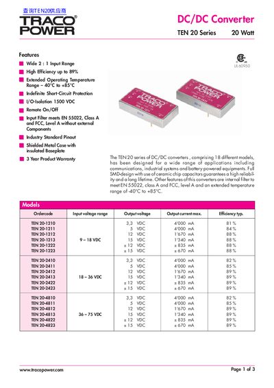 Traco Power TEN 20 Series DC/DC Converter Datasheet - cover page