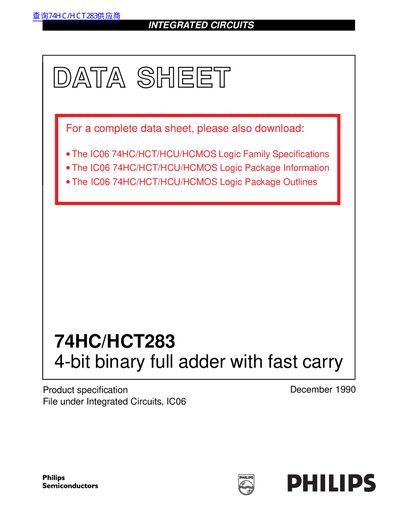 Philips 74HC/HCT283 4-bit Binary Full Adder Datasheet - cover page