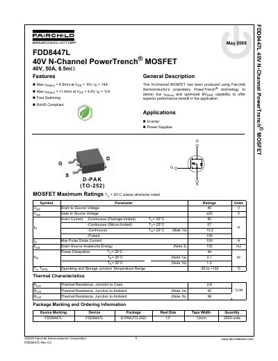 Fairchild FDD8447L 40V N-Channel MOSFET Datasheet - cover page