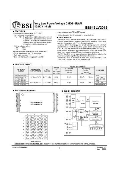 Brilliance Semiconductor BS616LV2019 SRAM Datasheet - cover page