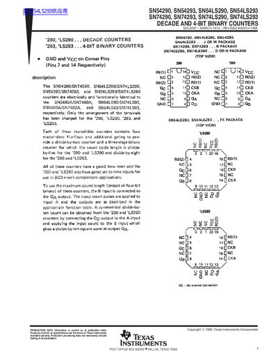 TEXAS INSTRUMENTS SN54290 SN54293 SN54LS290 SN54LS293 SN74290 SN74293 SN74LS290 SN74LS293 DECADE AND 4-BIT BINARY COUNTERS Data Sheet  - cover page