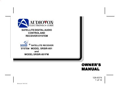 Audiovox SRSIR-001 Sirius Satellite Receiver System Owner's Manual
