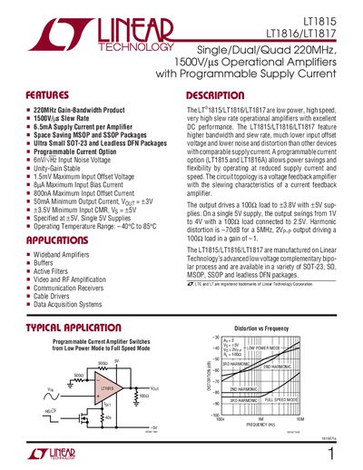 Linear Technology LT1815/LT1816/LT1817 Operational Amplifier Datasheet - cover page