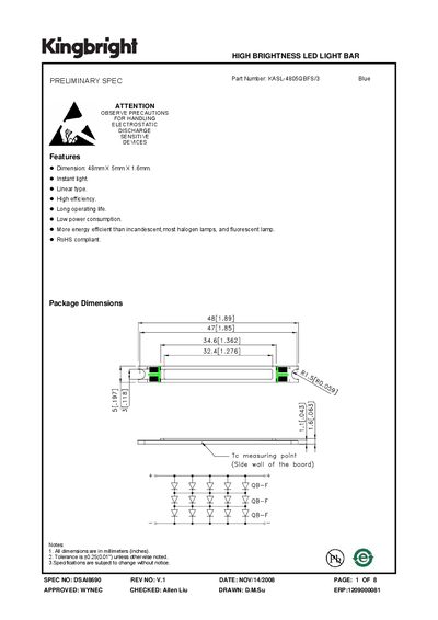 Kingbright KASL-4805QBFS/3 Blue High Brightness LED Light Bar Application Note - cover page