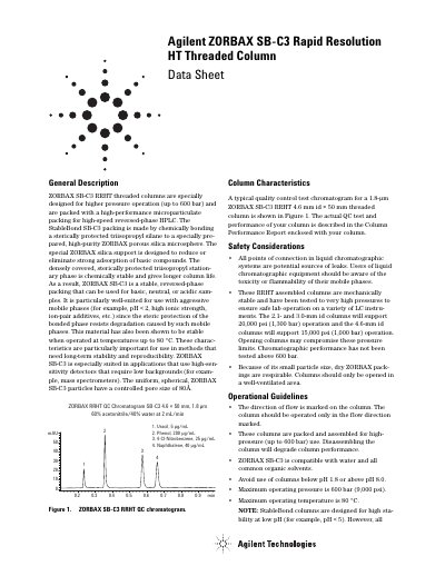 Agilent ZORBAX SB-C3 Rapid Resolution HT Threaded Column Data Sheet - cover page