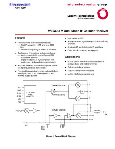 Lucent W3030 Dual-Mode IF Cellular Receiver Datasheet - cover page