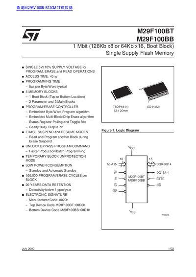 STMicroelectronics M29F100BT/M29F100BB 1Mbit Flash Memory Datasheet
